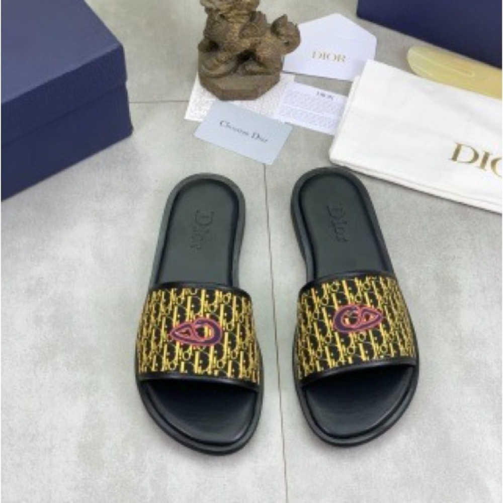 Dior Black Slides with Gold Pattern